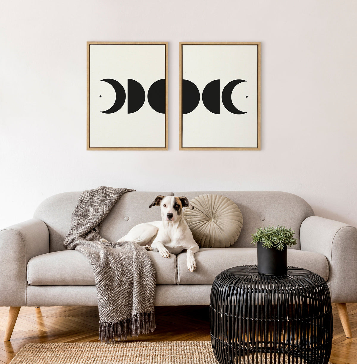 Sylvie Modern Geometric Moon Phases Framed Canvas Set of 2 by The Creative Bunch Studio