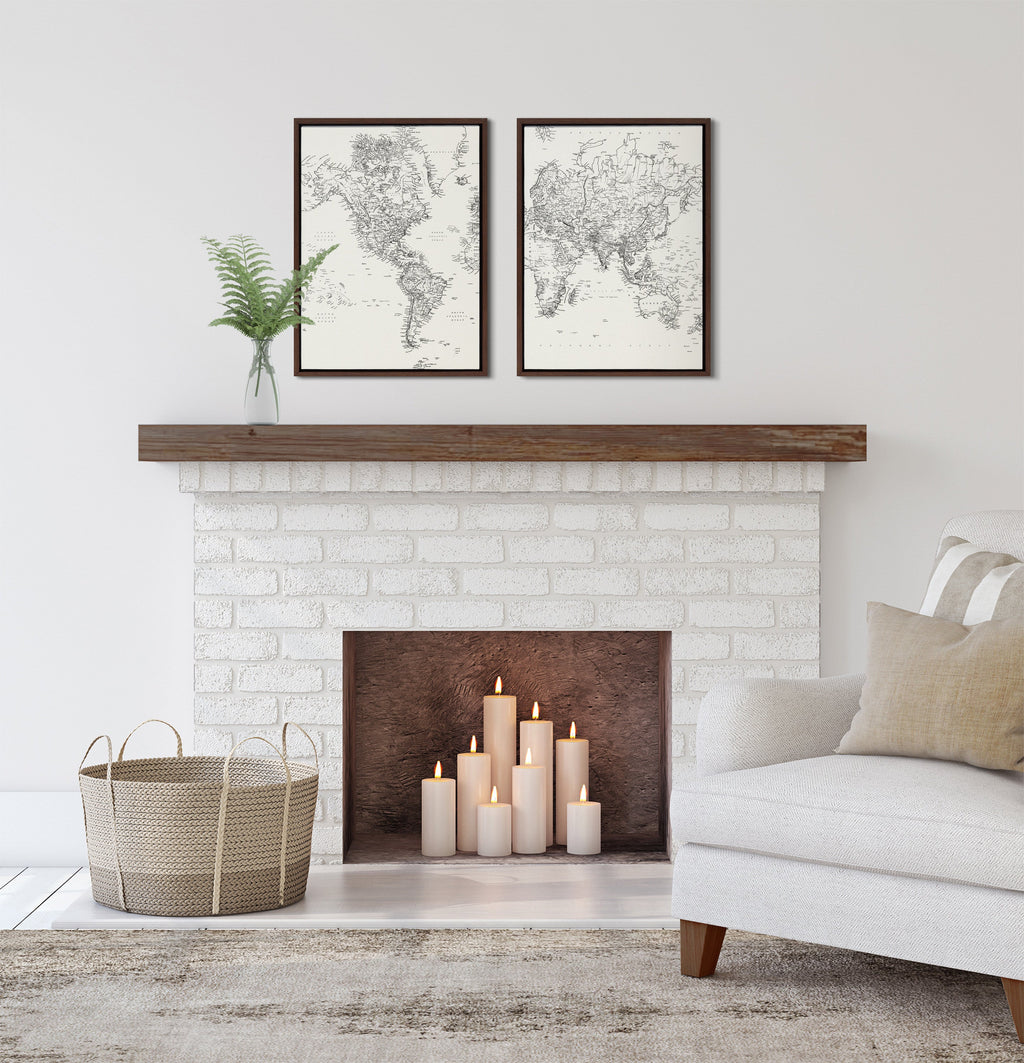 Sylvie Vintage Black and White World Map Framed Canvas Set of 2 by The Creative Bunch Studio