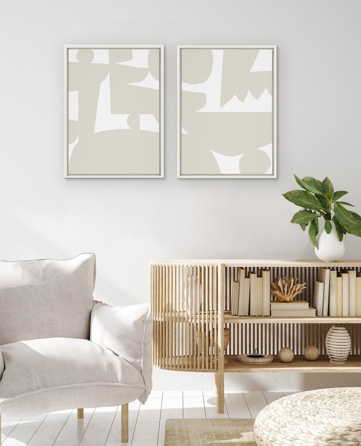 Sylvie Quiet Jungle 1 left and Right Neutral Abstract Framed Canvas Set of 2 by Kelly Knaga