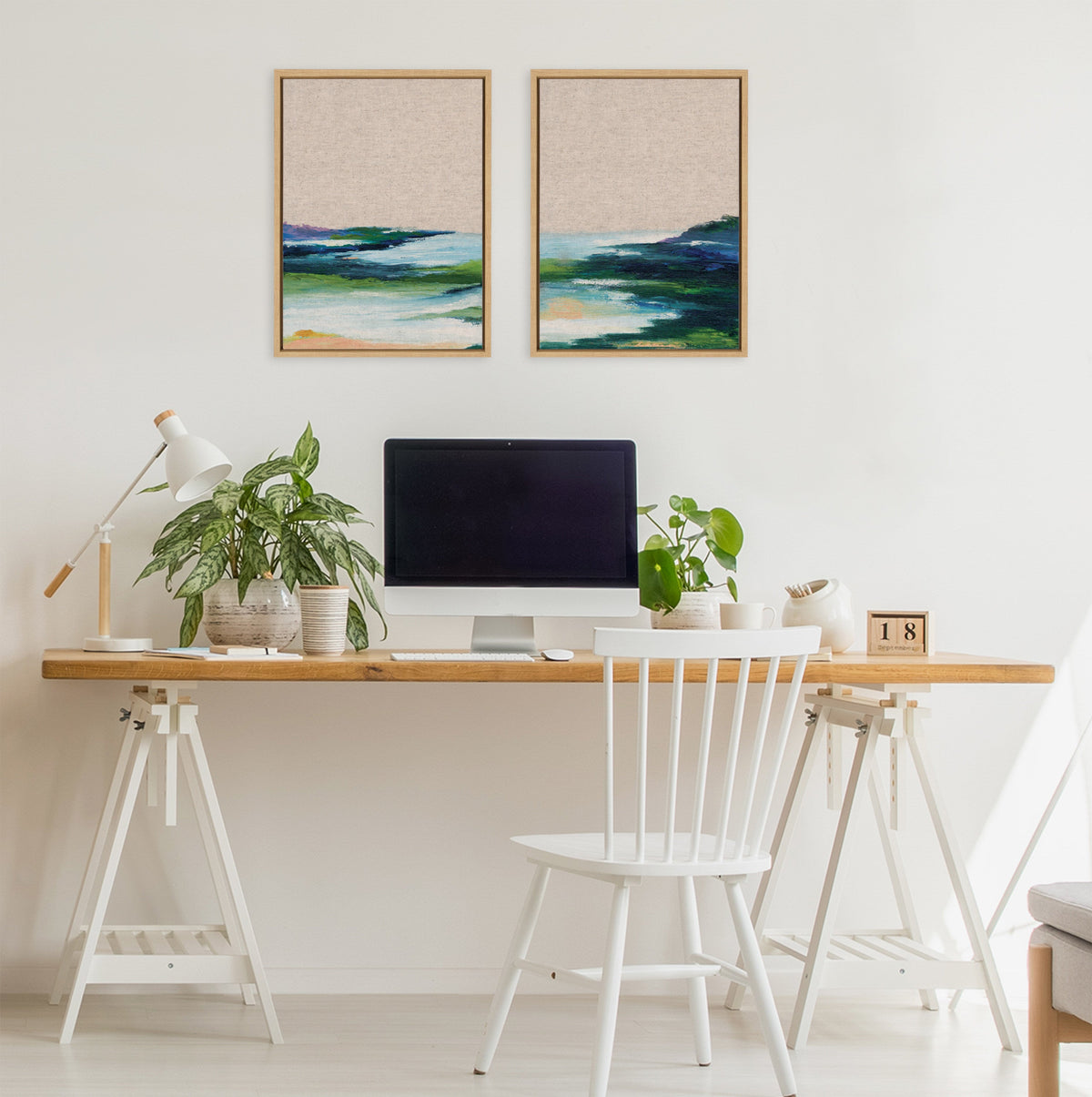 Sylvie Lake Huron I and II Neutral Linen Framed Canvas Art Set of 2 by Nikita Jariwala