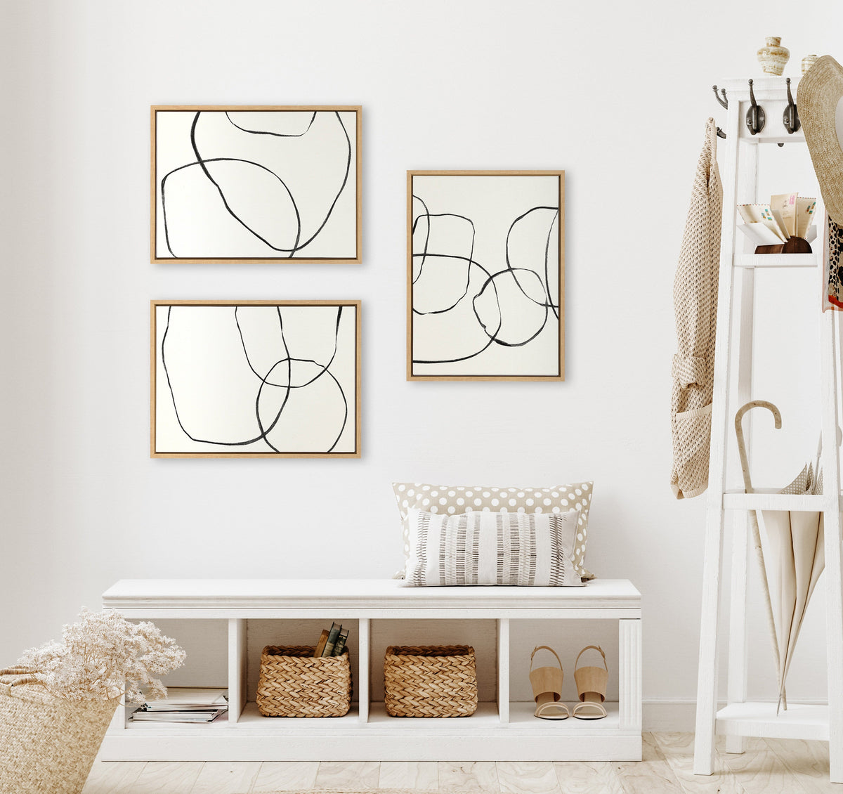 Sylvie Dancing Circles BW Framed Canvas Set of 3 by Teju Reval of SnazzyHues