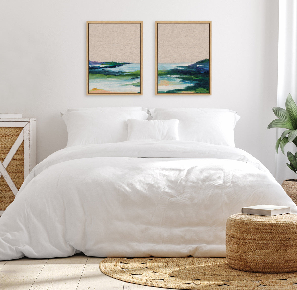 Sylvie Lake Huron I and II Neutral Linen Framed Canvas Art Set of 2 by Nikita Jariwala