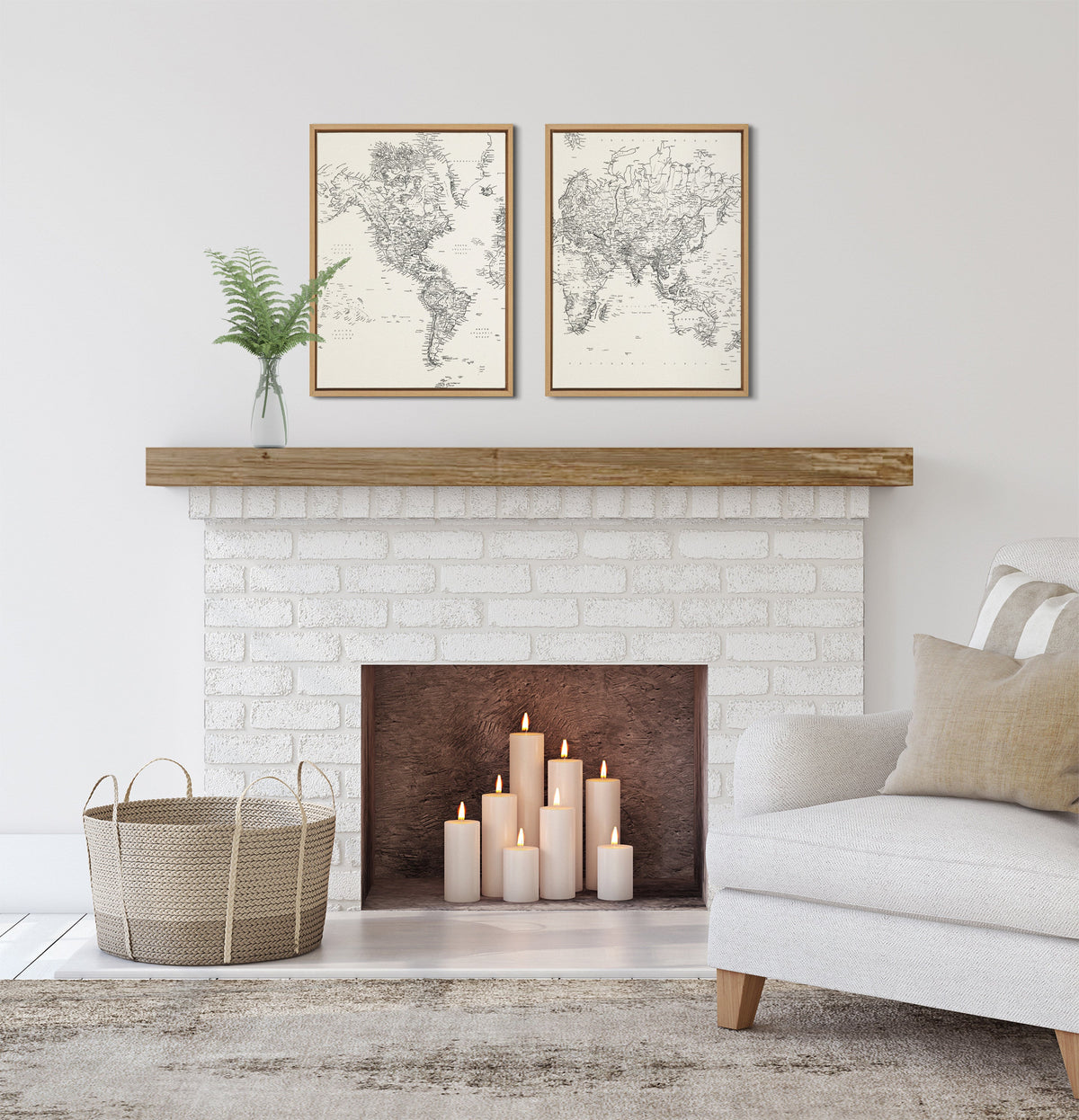 Sylvie Vintage Black and White World Map Framed Canvas Set of 2 by The Creative Bunch Studio
