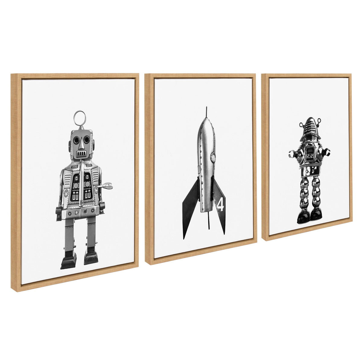 Sylvie Sparky Space Robot, No 4 Rocket and Robbey Robot Black and White Set Framed Canvas Art Set of 3 by Saint and Sailor Studios
