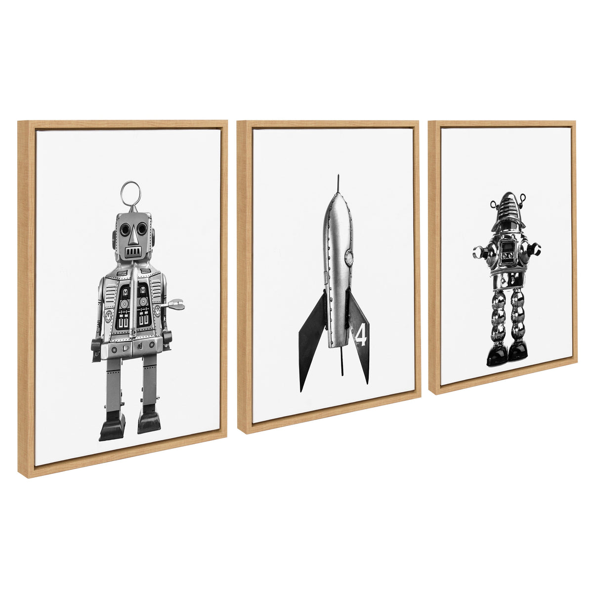 Sylvie Sparky Space Robot, No 4 Rocket and Robbey Robot Black and White Set Framed Canvas Art Set of 3 by Saint and Sailor Studios