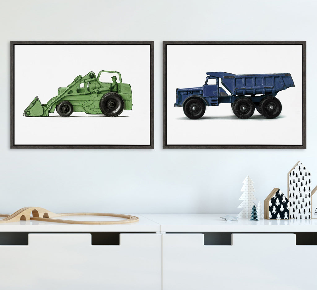 Sylvie Vintage Toy Tractor Green and Vintage Toy Dump Truck Blue Framed Canvas Art Set of 2 by Saint and Sailor Studios