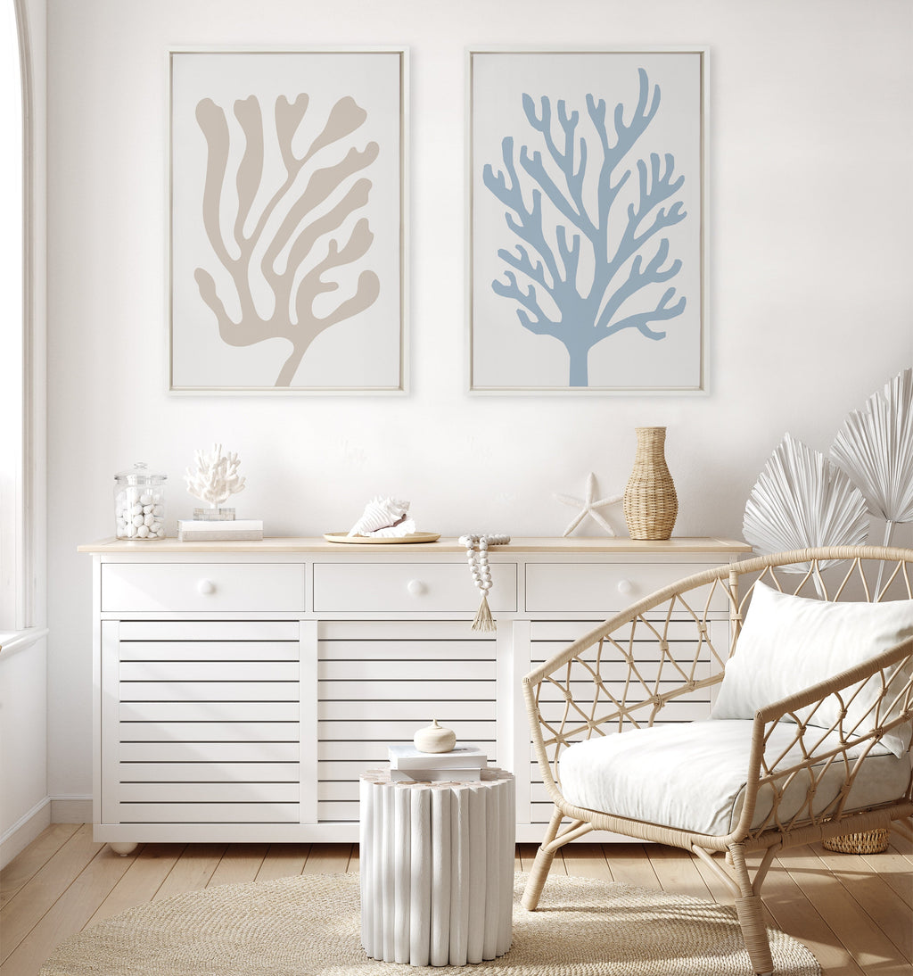 Sylvie Abstract Coral Coastal Beige Framed Canvas by The Creative Bunch Studio