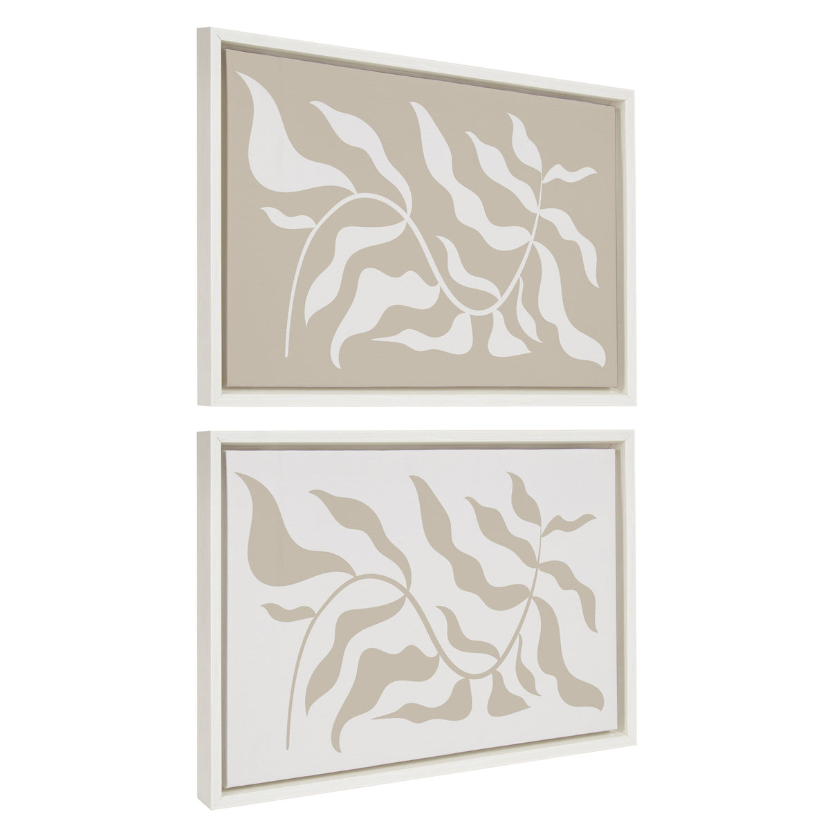 Sylvie Modern Matisse Inspired Botanical White on Beige and Beige on White Framed Canvas Set of 2 by The Creative Bunch Studio