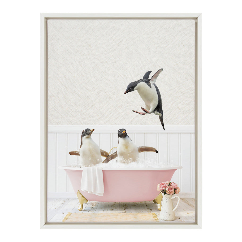 Sylvie Penguins Playing in Cottage Rose Bath Framed Canvas by Amy Peterson Art Studio