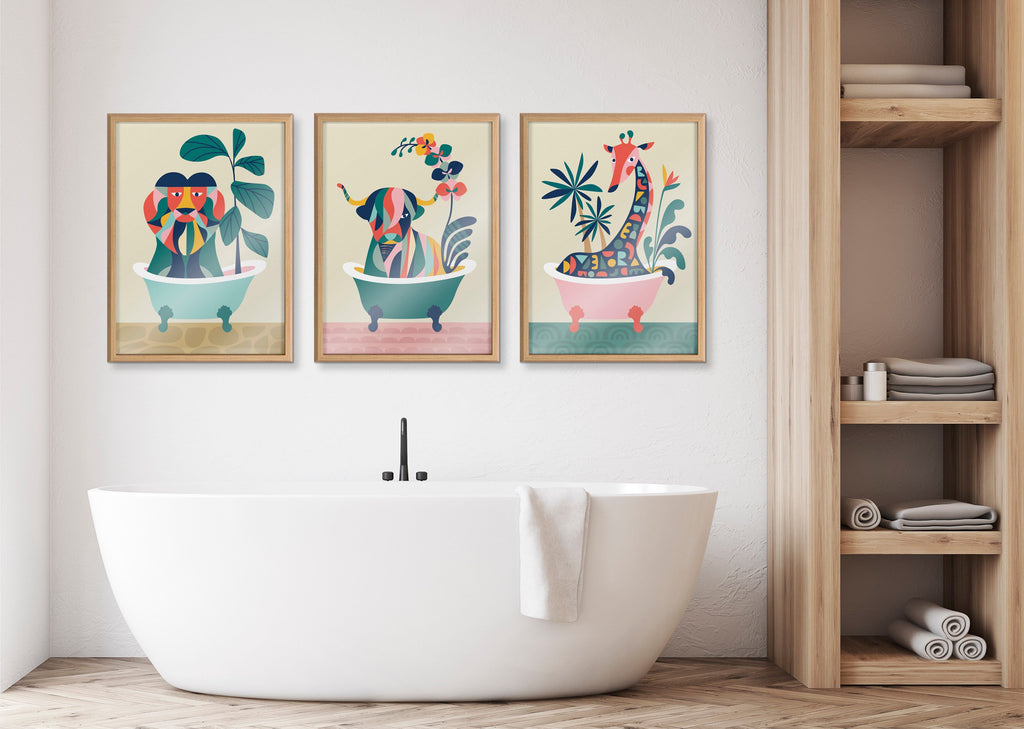 Blake Mid Century Modern Giraffe in Bathtub Framed Printed Glass by Rachel Lee of My Dream Wall