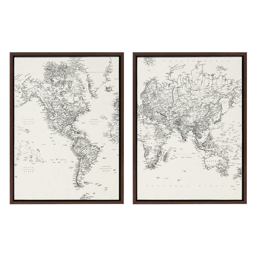 Sylvie Vintage Black and White World Map Framed Canvas Set of 2 by The Creative Bunch Studio