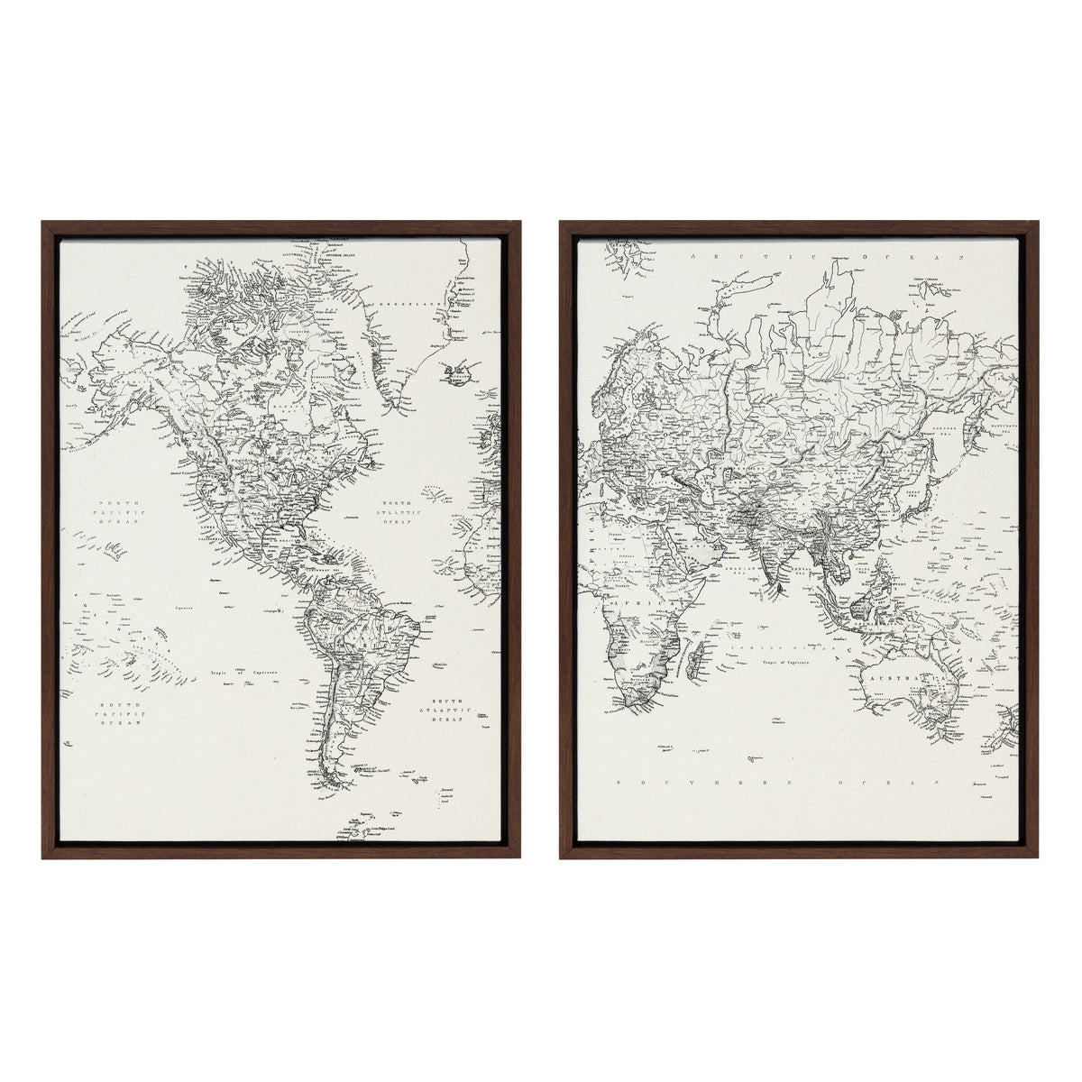 Sylvie Vintage Black and White World Map Framed Canvas Set of 2 by The Creative Bunch Studio