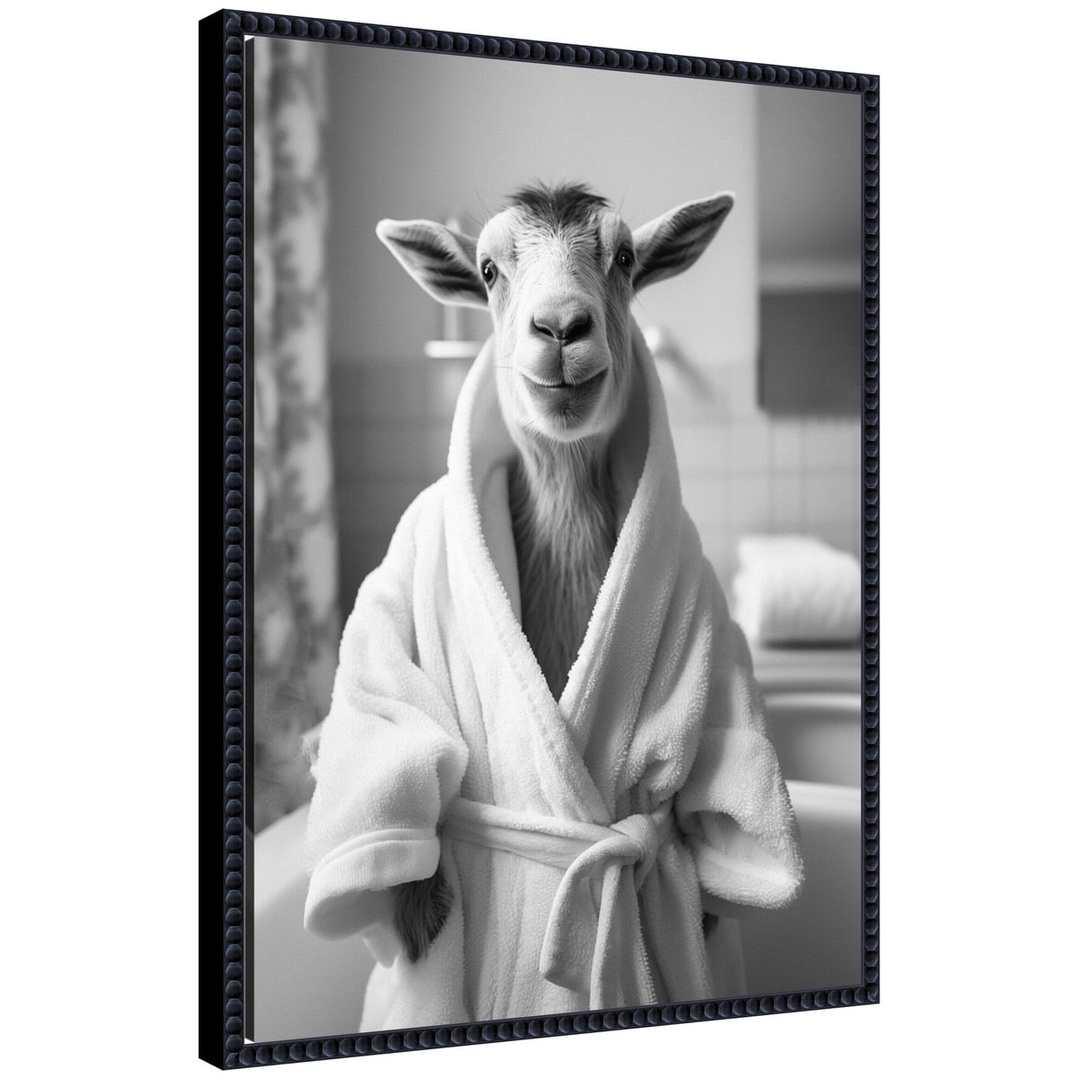 Sylvie Goat Bathroom Art Towel Robe Black and White Framed Canvas by The Creative Bunch Studio