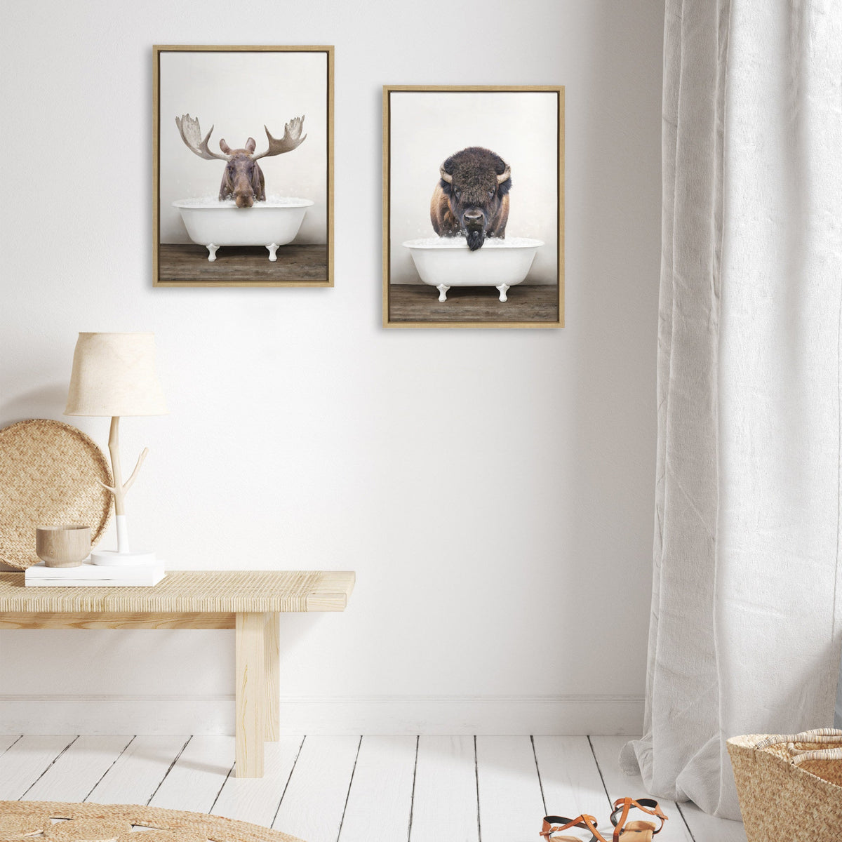 Sylvie Bison Rustic Bubble Bath and Moose Rustic Bubble Bath Framed Canvas Set of 2 by Amy Peterson Art Studio