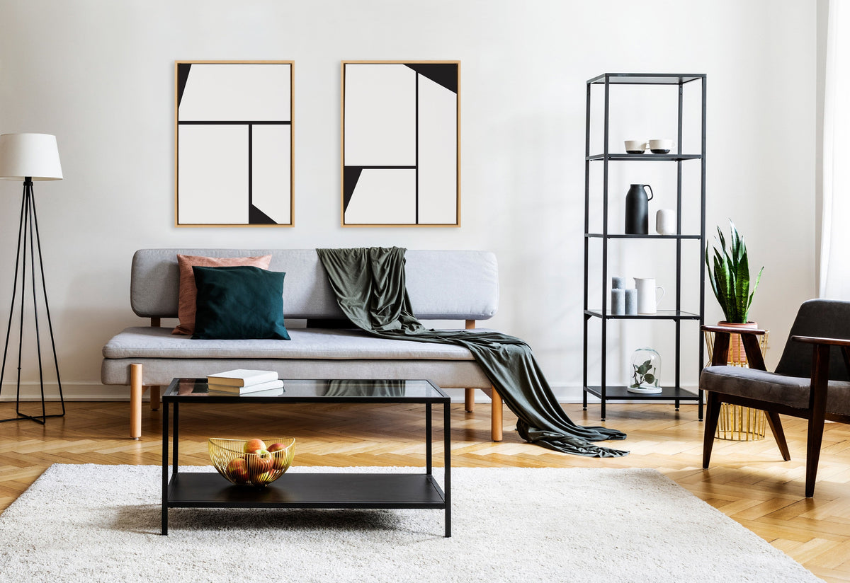 Sylvie Sleek Luxe Minimalist Black and White Abstract Framed Canvas Art Set of 2 by The Creative Bunch Studio