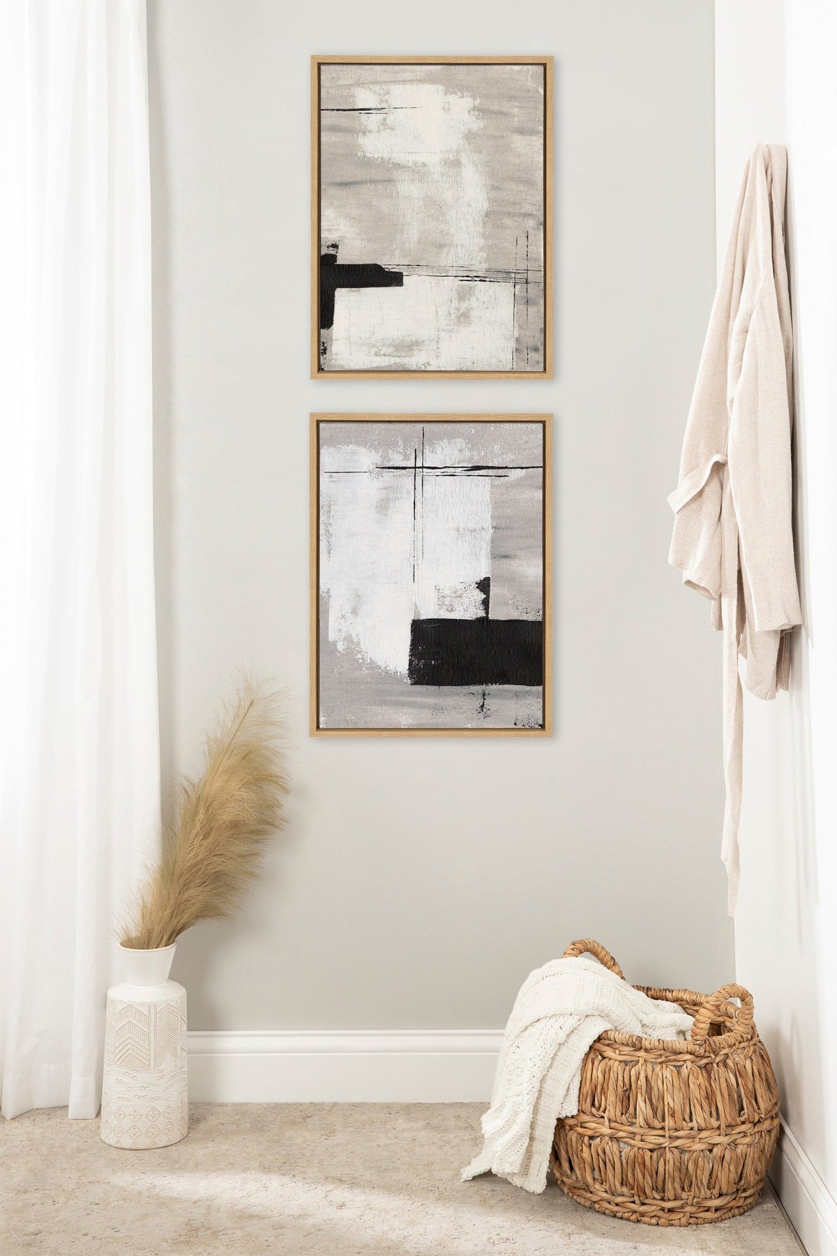 Sylvie Line 1 Left and Right Neutral Linen Framed Canvas Art Set of 2 by Nikita Jariwala