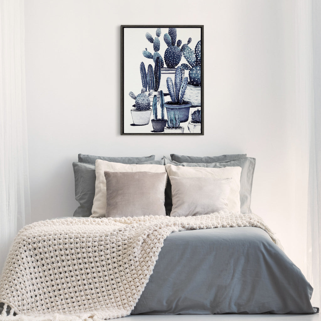 Sylvie Blue Potted Cacti Framed Canvas, Gray 23x33