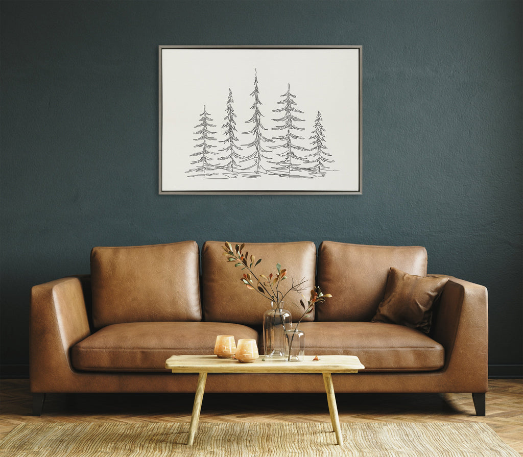 Sylvie Minimalist Evergreen Trees Sketch Framed Canvas by The Creative Bunch Studio