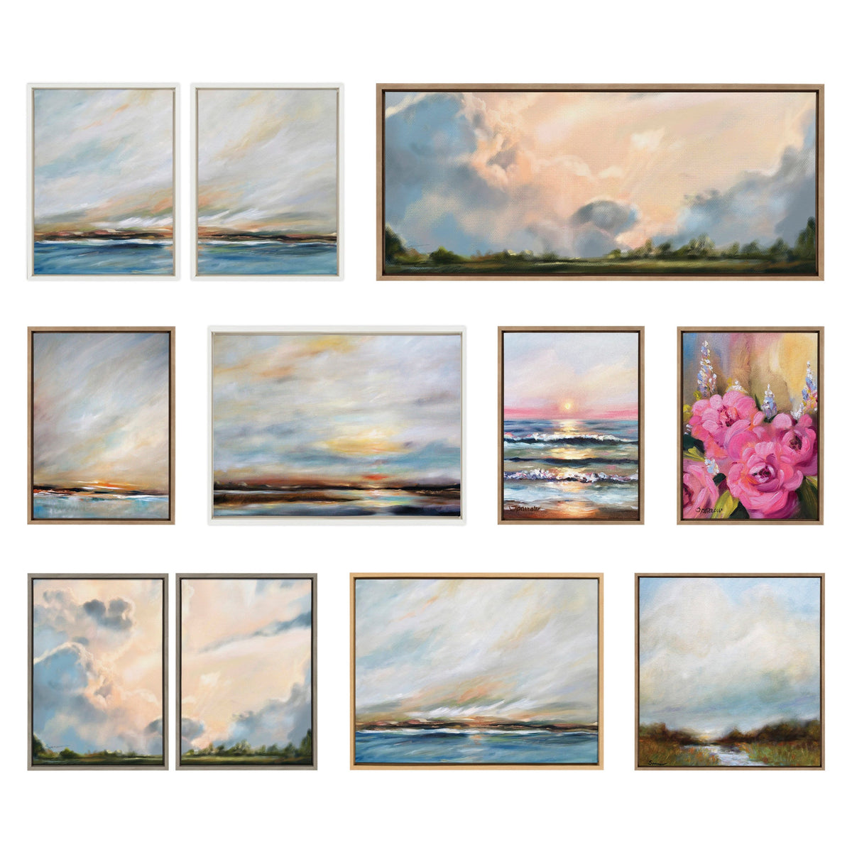 Sylvie Sunday Morning, Tranquility and Clouds Framed Canvas Art Set of 3 by Mary Sparrow