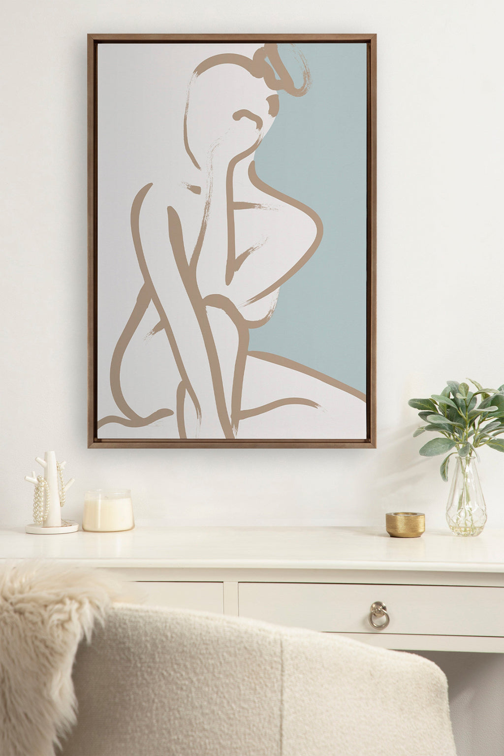 Sylvie Simple Romantic Line Art Drawing 1 Tan and Teal Framed Canvas by The Creative Bunch Studio