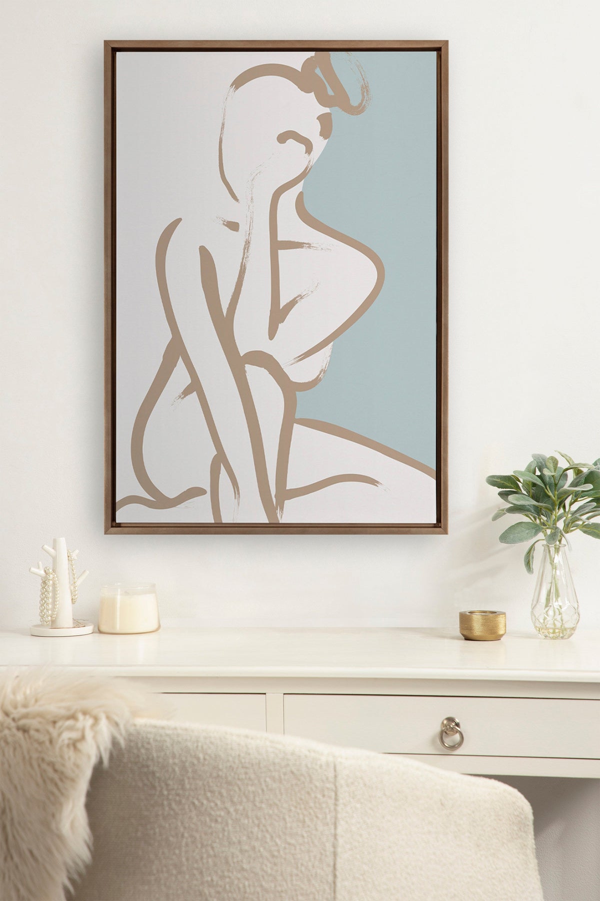 Sylvie Simple Romantic Line Art Drawing 1 Tan and Teal Framed Canvas by The Creative Bunch Studio
