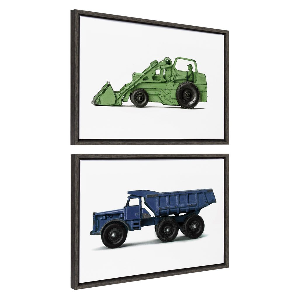 Sylvie Vintage Toy Tractor Green and Vintage Toy Dump Truck Blue Framed Canvas Art Set of 2 by Saint and Sailor Studios