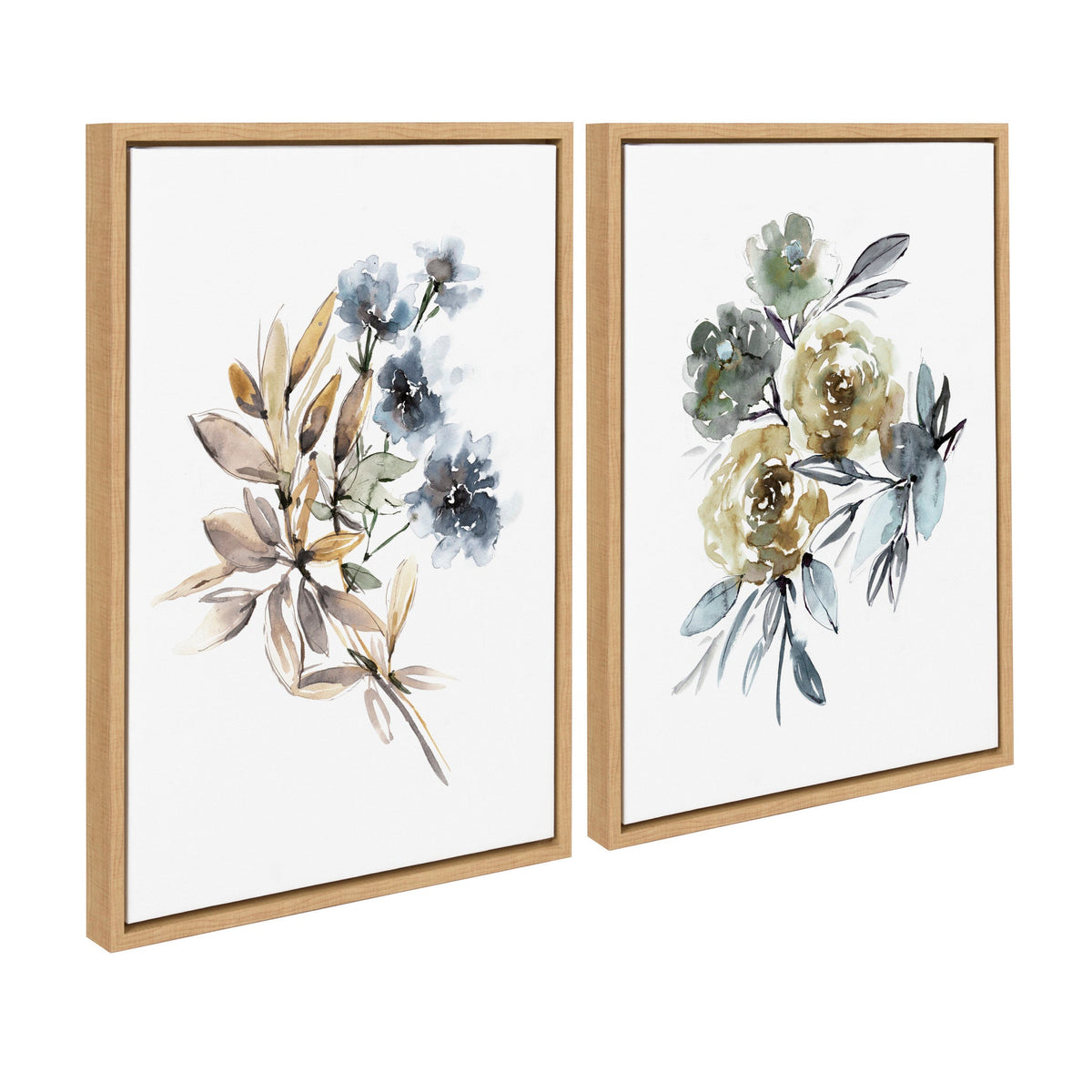 Sylvie Yellow Roses and Muted Blue Flowers Framed Canvas Art Set of 2 by Sara Berrenson