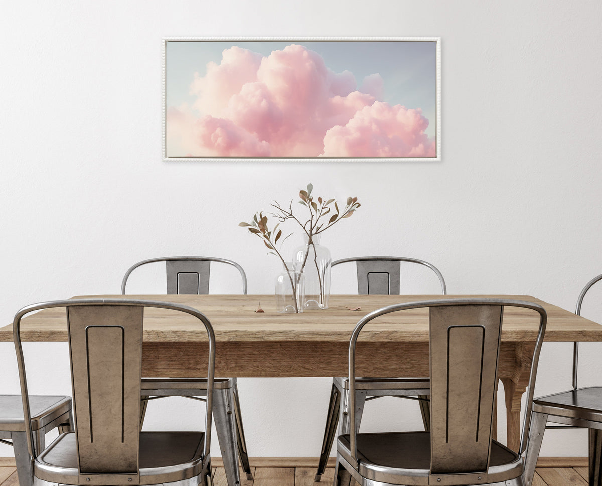 Sylvie Beaded Vintage Pink Cotton Candy Clouds Mountain Landscape Framed Canvas by The Creative Bunch Studio