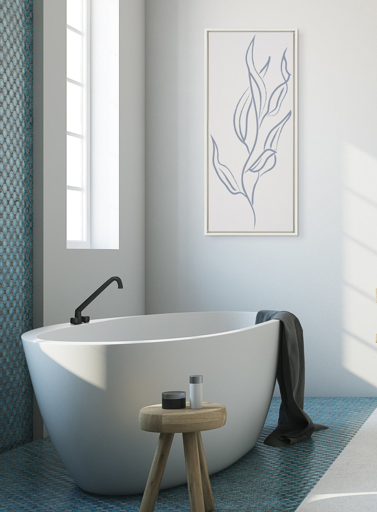Sylvie Muted Illustrated Botanical Light Blue and Beige Framed Canvas by The Creative Bunch Studio