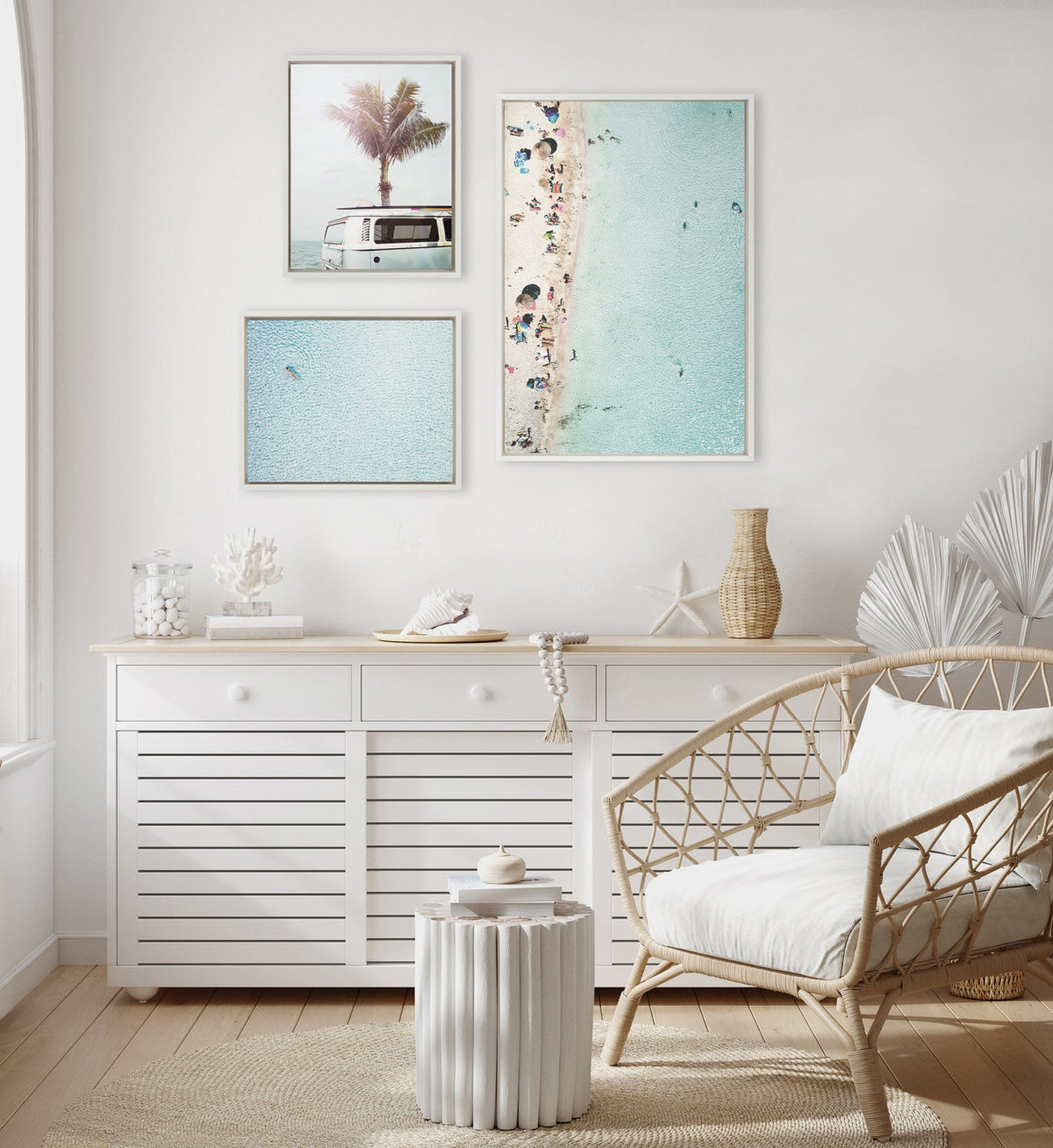 Sylvie Turquoise Beach from Above 2, Blue Beach Van and Woman Floating Framed Canvas Set of 3 by Amy Peterson Art Studio
