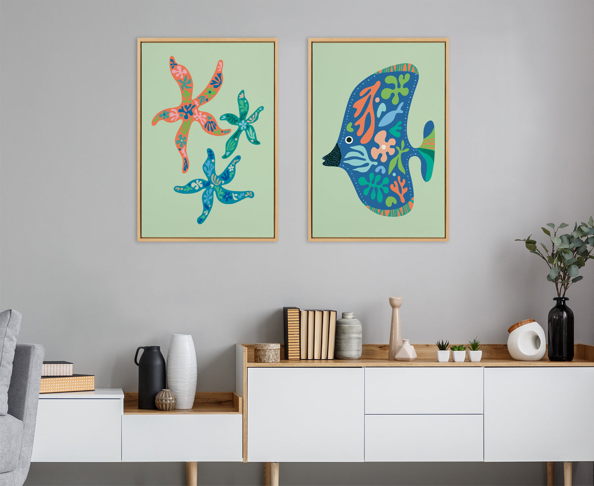 Sylvie Modern Colorful Starfish and Modern Colorful Tropical Fish Framed Canvas Art Set of 2 by Rachel Lee
