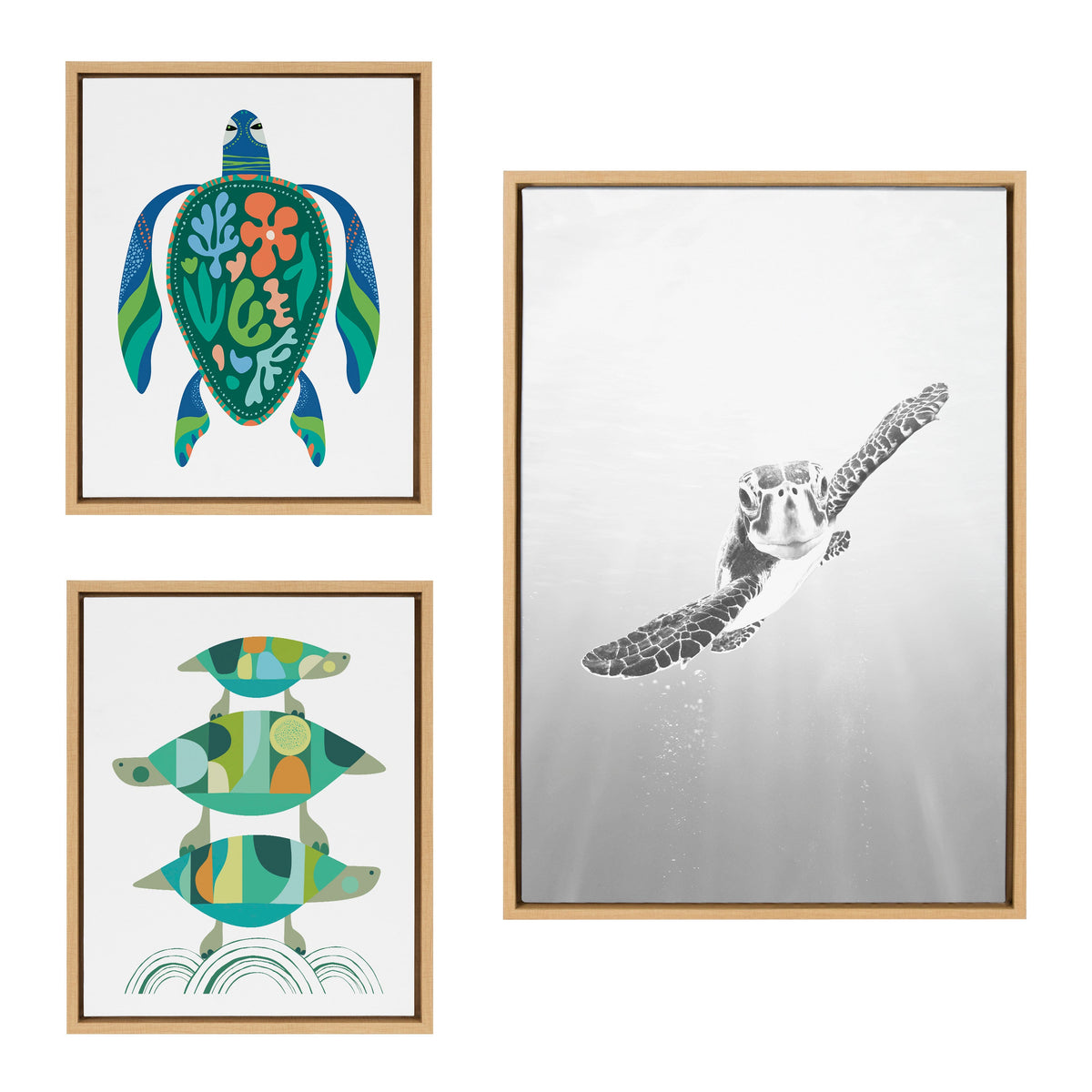 Sylvie Sea Turtle, Turtle Family and MCM Sea Turtle Framed Canvas Art Set of 3 by Various Artists