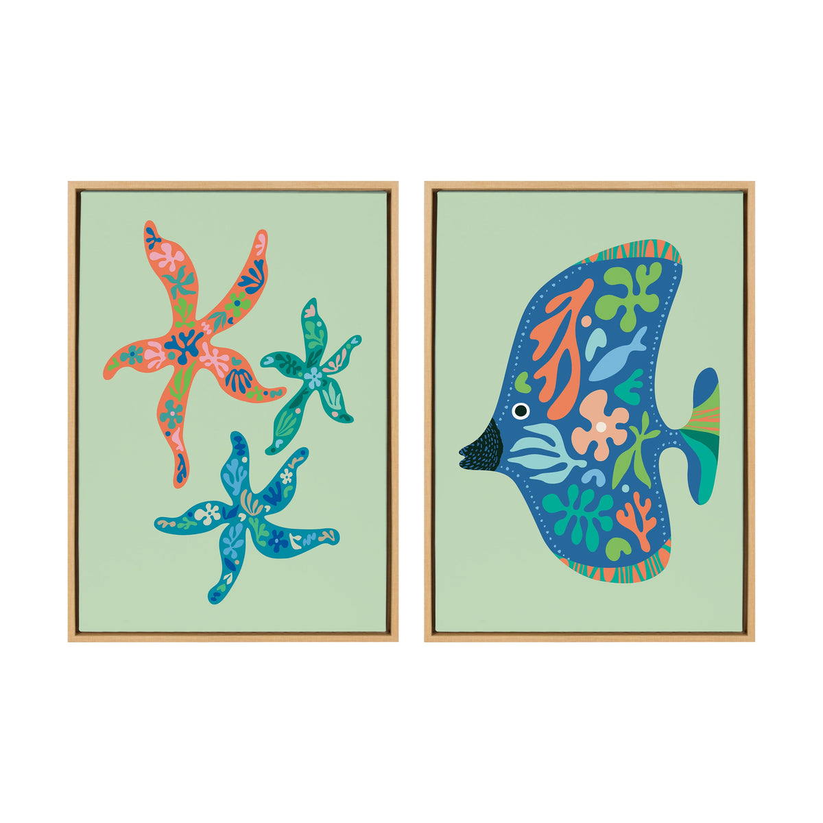 Sylvie Modern Colorful Starfish and Modern Colorful Tropical Fish Framed Canvas Art Set of 2 by Rachel Lee