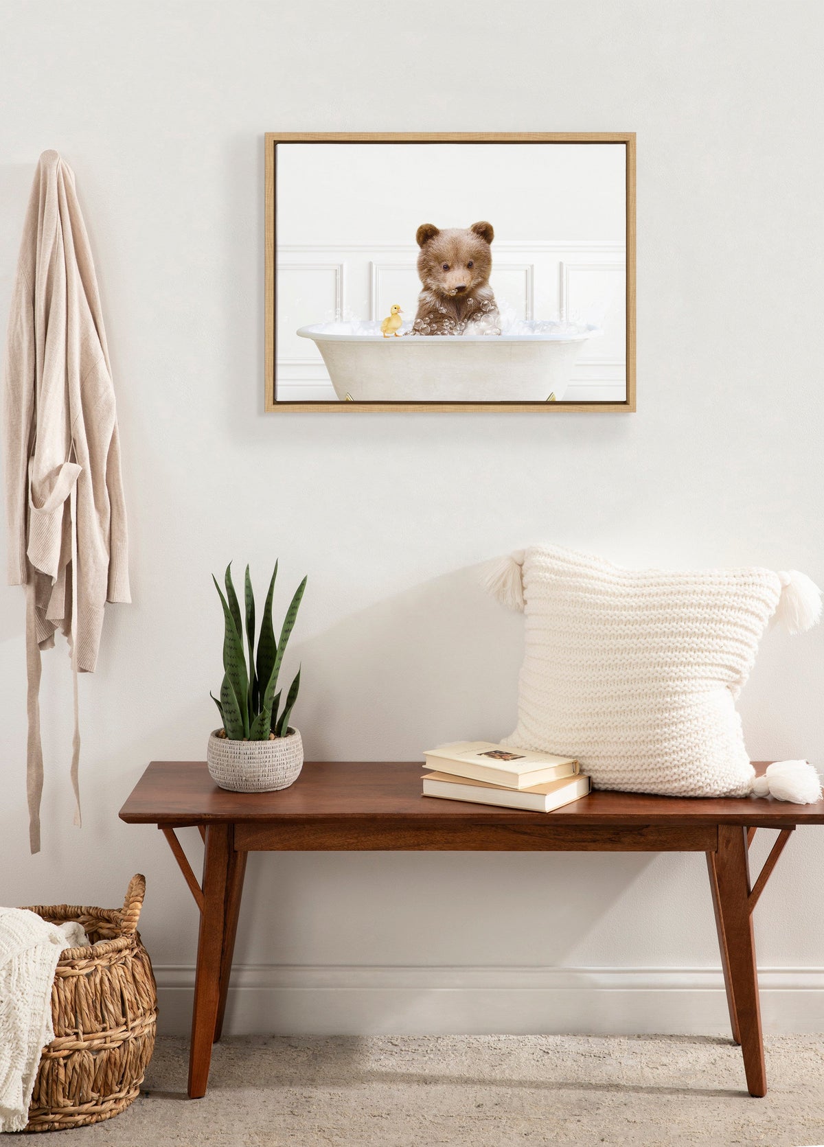 Sylvie Bear Cub In Bubble Bath Neutral Style Framed Canvas by Amy Peterson Art Studio