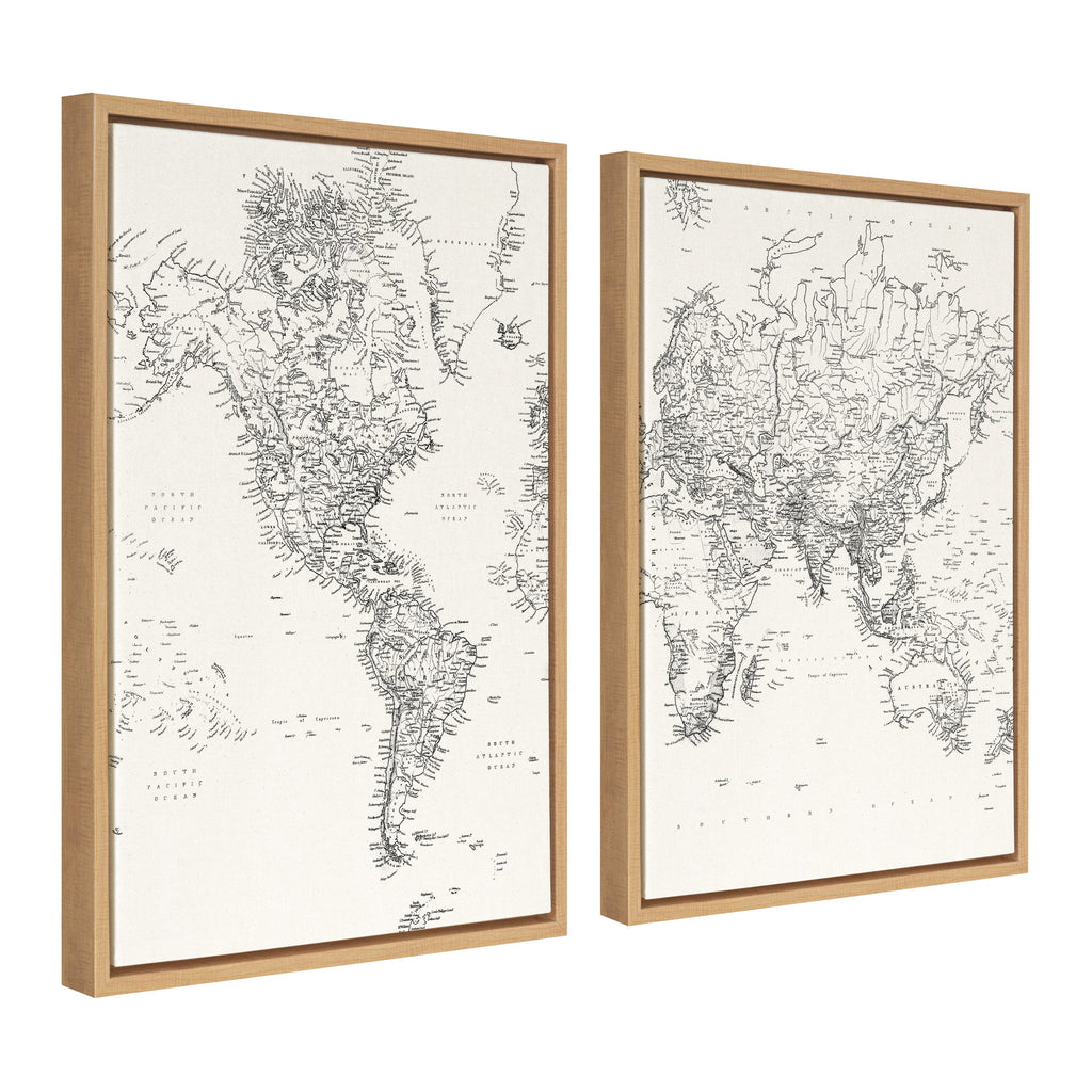 Sylvie Vintage Black and White World Map Framed Canvas Set of 2 by The Creative Bunch Studio