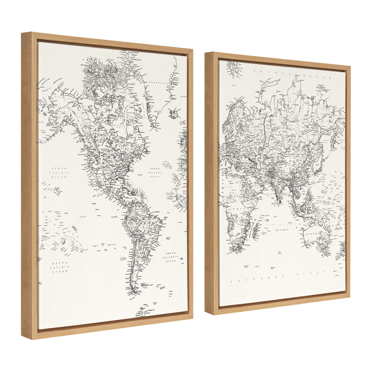 Sylvie Vintage Black and White World Map Framed Canvas Set of 2 by The Creative Bunch Studio