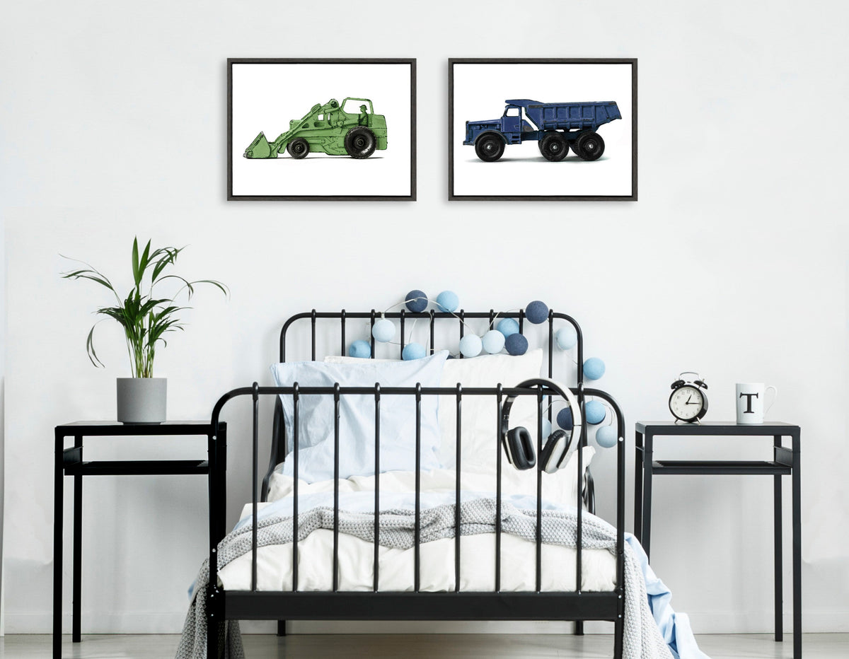 Sylvie Vintage Toy Tractor Green and Vintage Toy Dump Truck Blue Framed Canvas Art Set of 2 by Saint and Sailor Studios