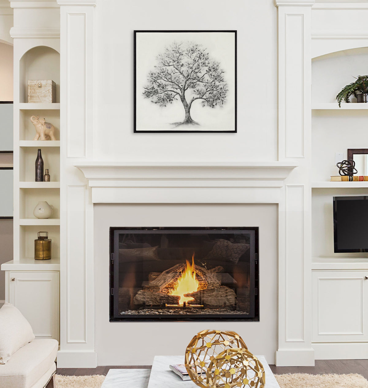 Sylvie Traditional Tree Linen Textured Framed Canvas by The Creative Bunch Studio