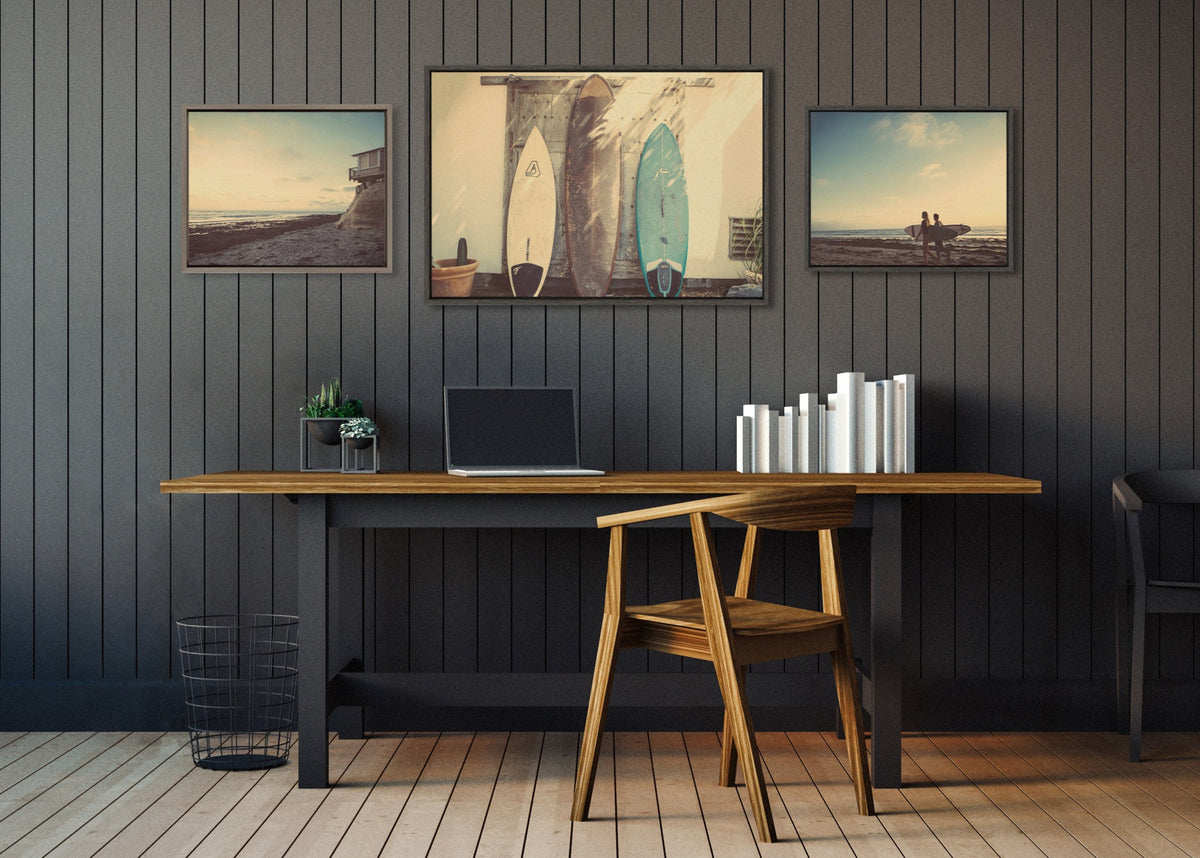 Sylvie House on Beach, Surfboards and Surfers Framed Canvas Art Set of 3 by Saint and Sailor Studios