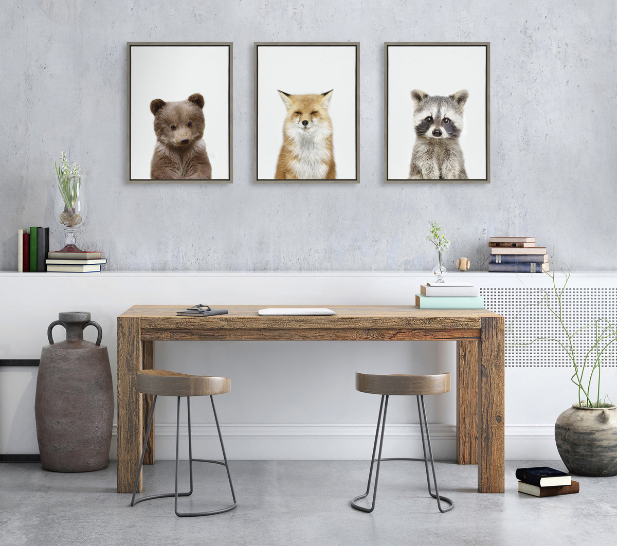 Sylvie Studio Bear, Studio Fox and Studio Raccoon Framed Canvas Set of 3 by Amy Peterson Art Studio