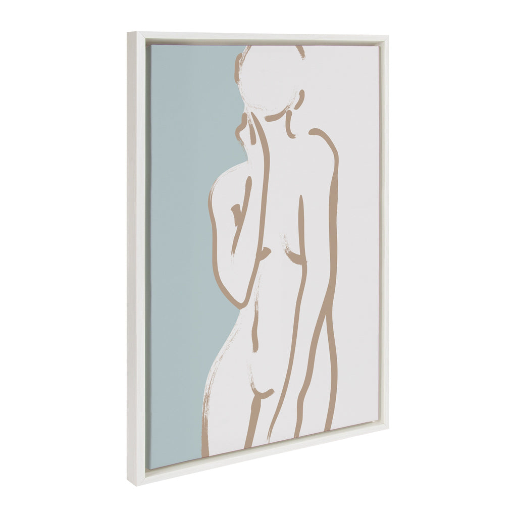 Sylvie Simple Romantic Line Art Drawing 2 Tan and Teal Framed Canvas by The Creative Bunch Studio