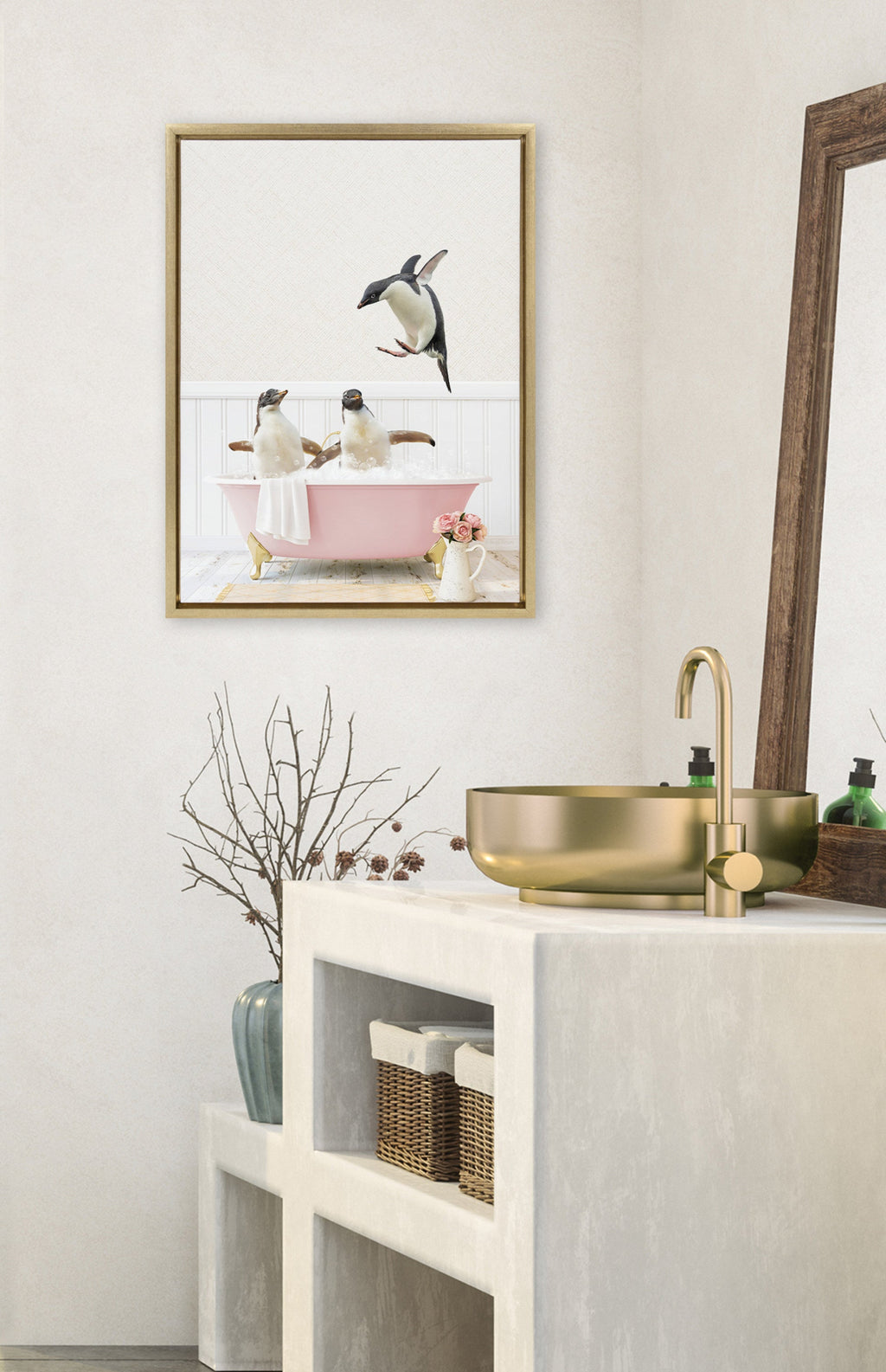Sylvie Penguins Playing in Cottage Rose Bath Framed Canvas by Amy Peterson Art Studio