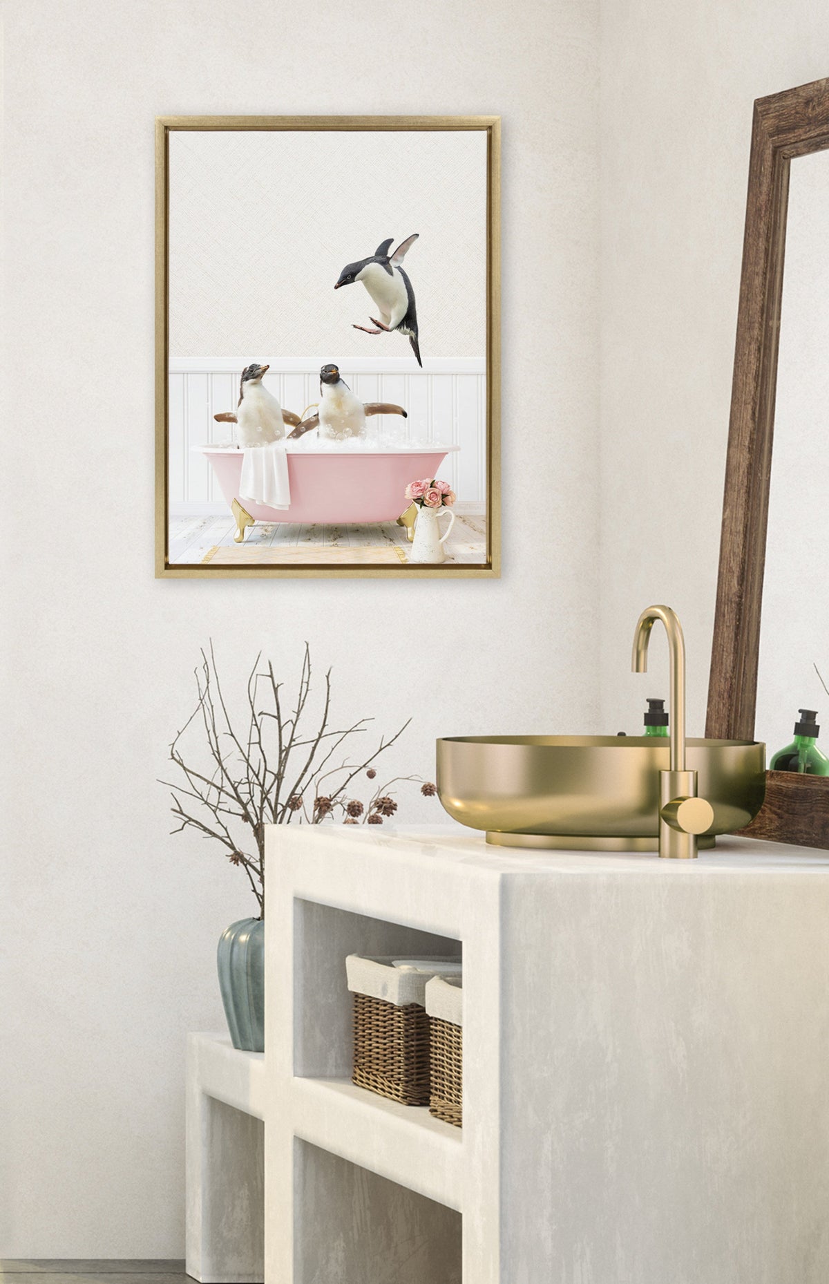 Sylvie Penguins Playing in Cottage Rose Bath Framed Canvas by Amy Peterson Art Studio