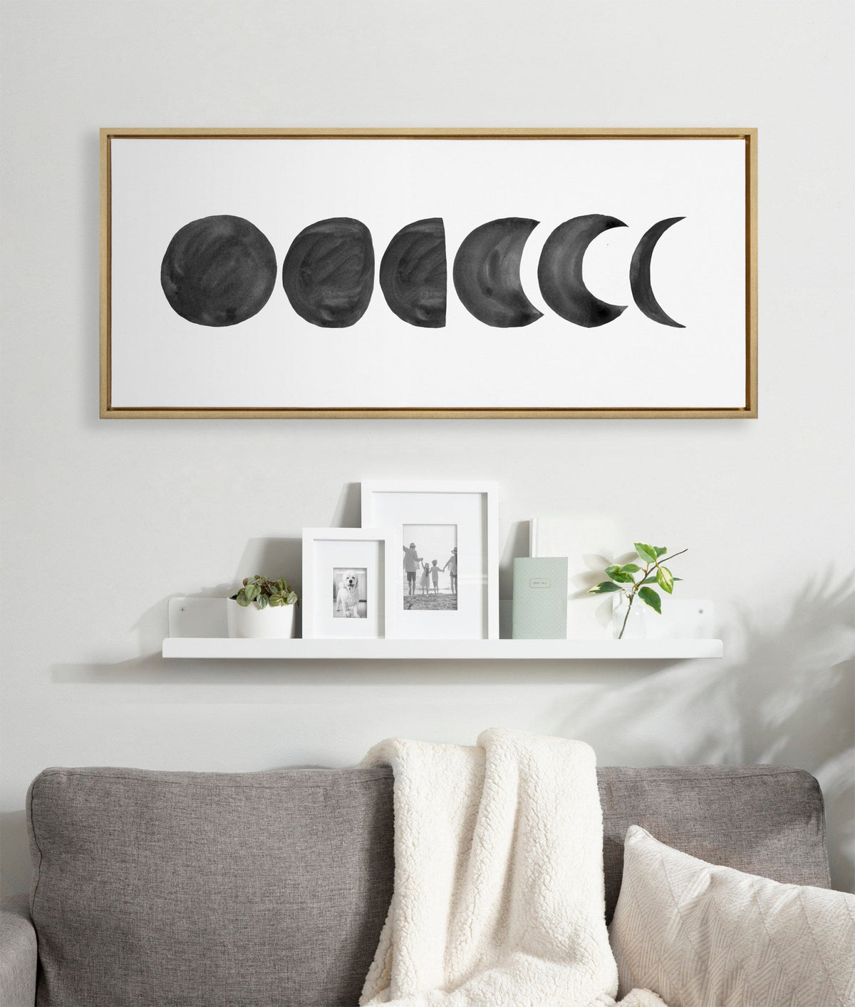 Sylvie Linear Moon Phases BW Framed Canvas by Teju Reval of SnazzyHues