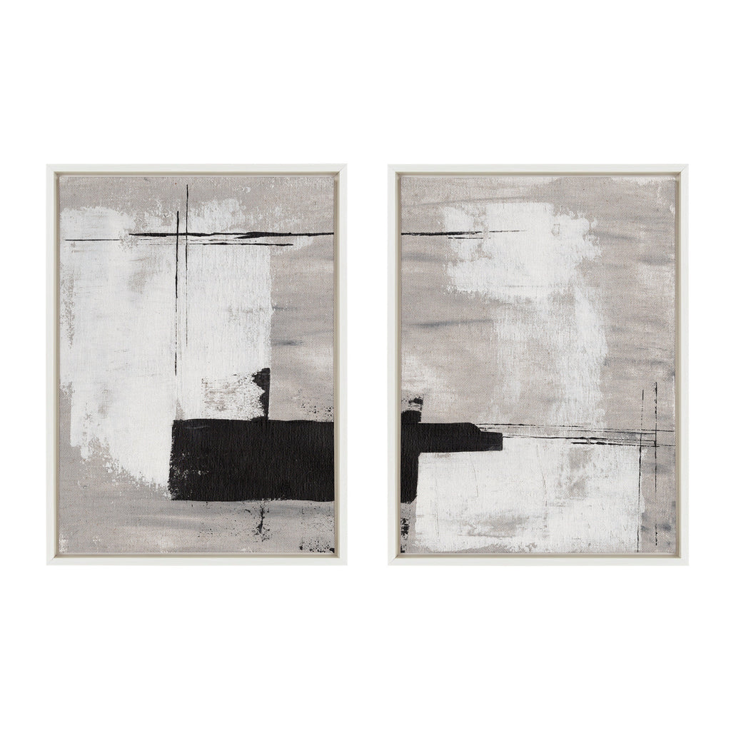 Sylvie Line 1 Left and Right Neutral Linen Framed Canvas Art Set of 2 by Nikita Jariwala