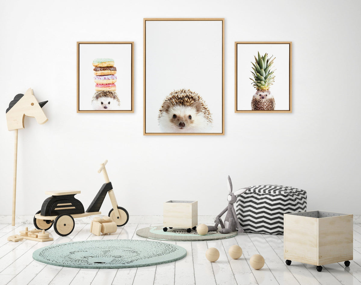 Sylvie Hedgehog, Hedgehog Donuts and Hedgehog Pineapple Framed Canvas Art Set of 3 by Amy Peterson Art Studio