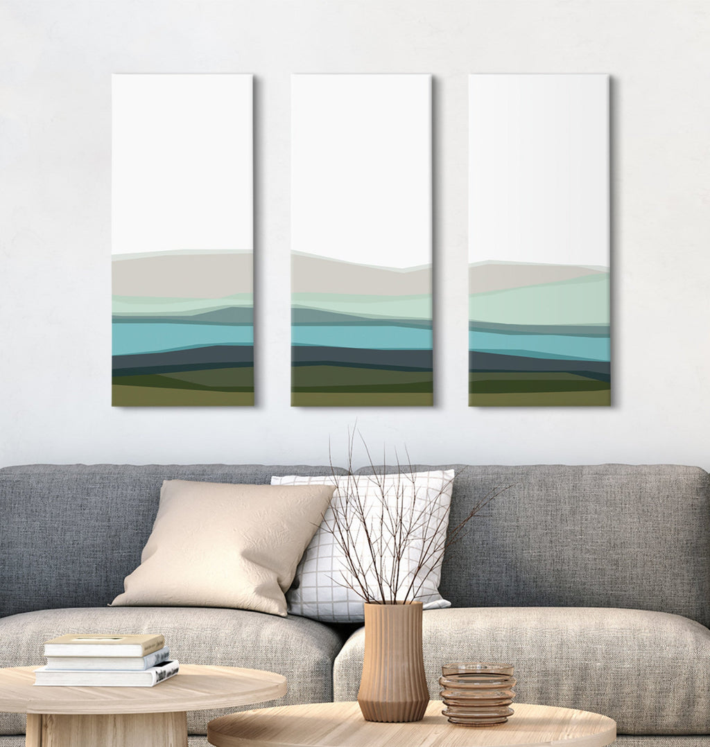 Abstract Blue Lake and Mountains Canvas Art Set of 3 by The Creative Bunch Studio