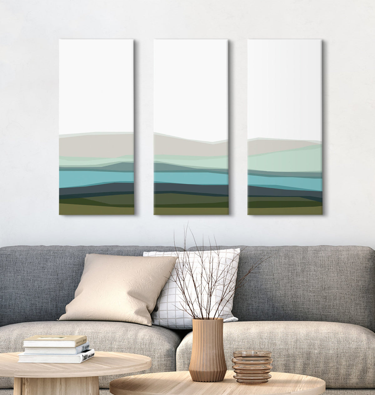Abstract Blue Lake and Mountains Canvas Art Set of 3 by The Creative Bunch Studio