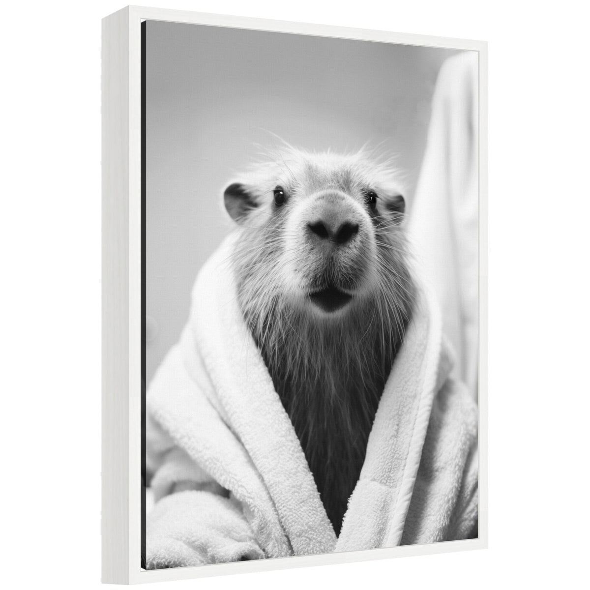 Sylvie Capybara Bathroom Art Towel Robe Black and White Framed Canvas by The Creative Bunch Studio