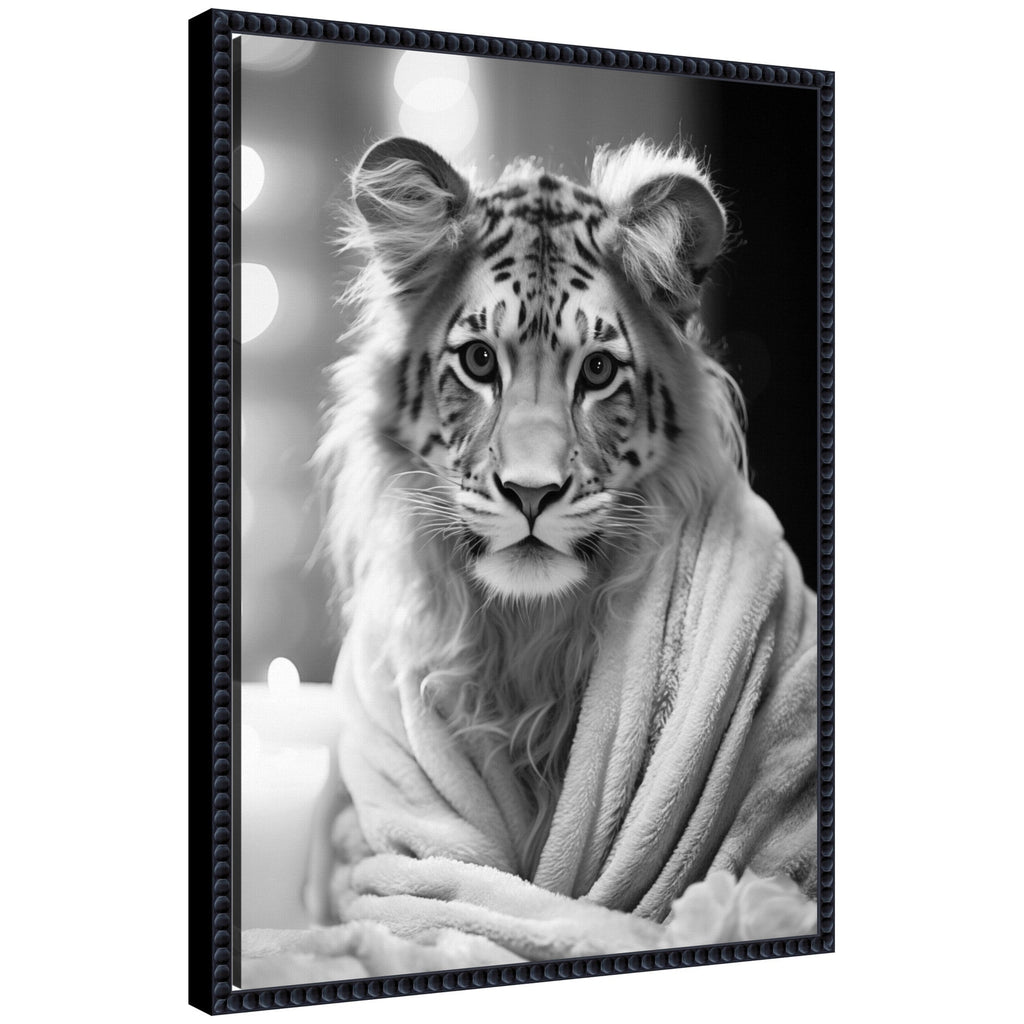 Sylvie Tiger Glam Bathroom Towel Robe Black and White Framed Canvas by The Creative Bunch Studio